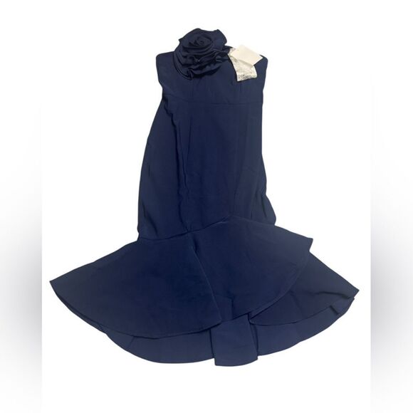 NWT women’s FEHAUTE Dark Blue 3d Floral Strapless Mermaid Midi Dress SZ large - Picture 3 of 11